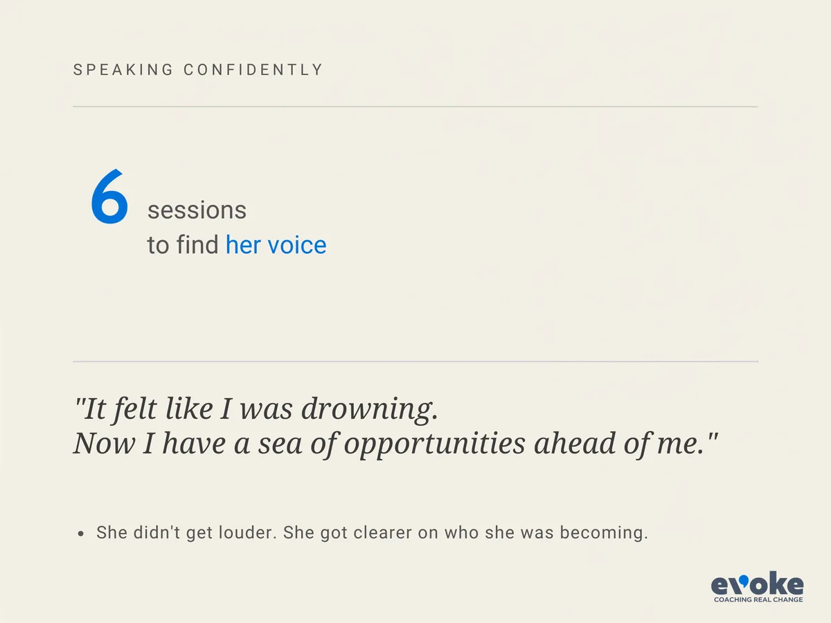 Quote card: "6 sessions to find her voice." "It felt like I was drowning. Now I have a sea of opportunities ahead of me." She didn't get louder. She got clearer on who she was becoming.