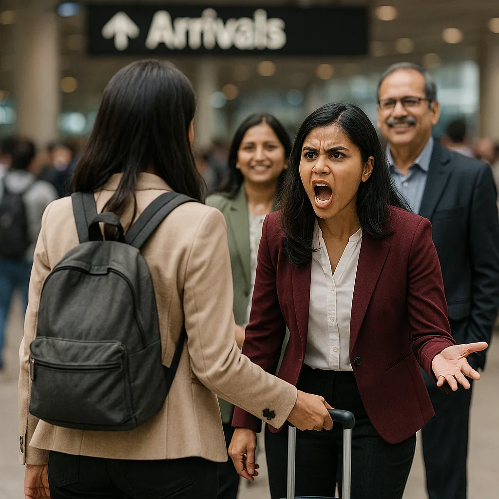 In an airport arrivals hall, a woman with a backpack faces her sister, who is shouting angrily, while two older relatives smile in the background.