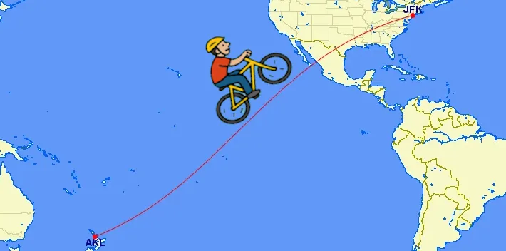 Cartoon of a cyclist doing a wheelie along a flight path across the Pacific from Auckland to New York.