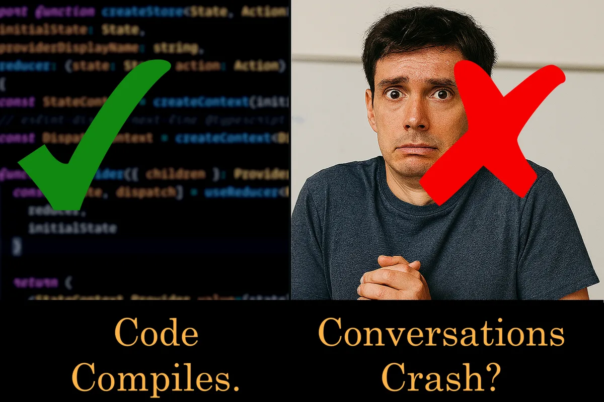 Split image. On the left, code on a dark screen with a green tick and the words "Code compiles." On the right, a nervous-looking man with a red cross and the words "Conversations crash?"
