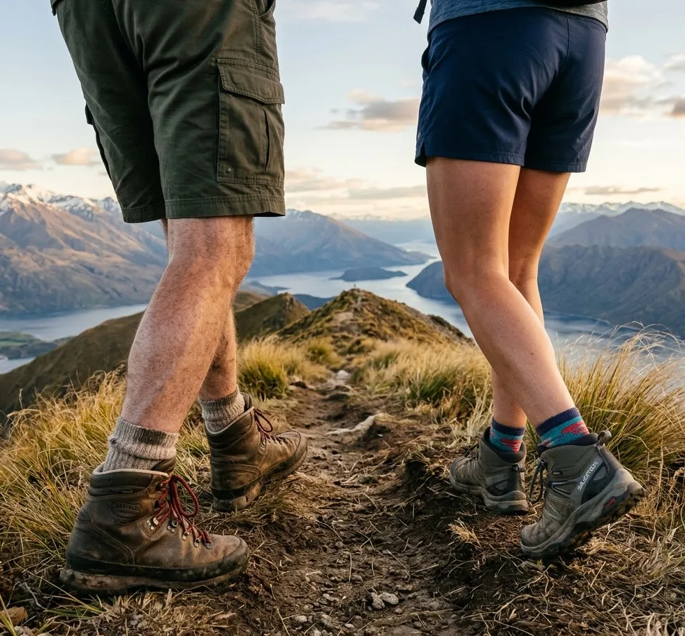 Two hikers' legs and boots on a mountain ridge track above a lake at sunset.