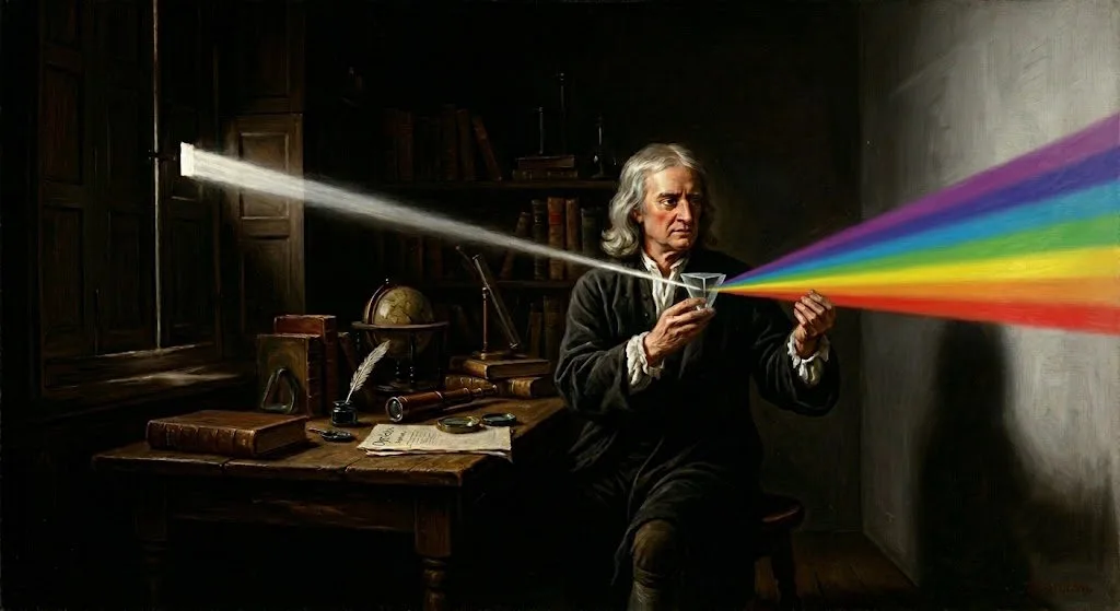 Painting-style image of Isaac Newton in a dim study, holding up a prism that splits a beam of sunlight into a rainbow.