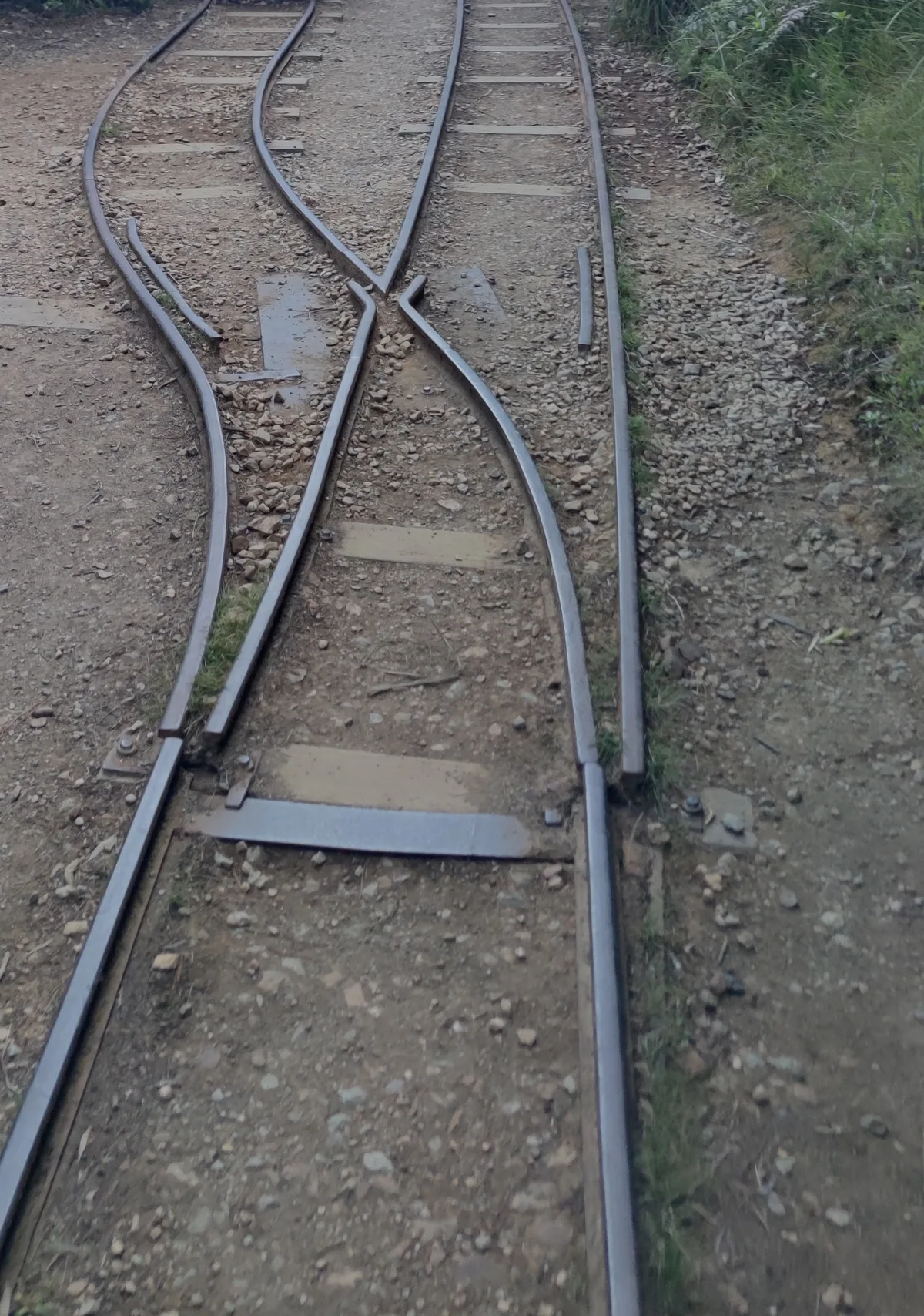 Railway tracks splitting at a set of points into two directions.