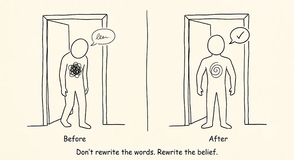 Before and after sketch. A slumped figure with a tangled scribble in their chest mumbles in a doorway, then stands tall with a calm spiral and a tick. Caption: Don't rewrite the words. Rewrite the belief.