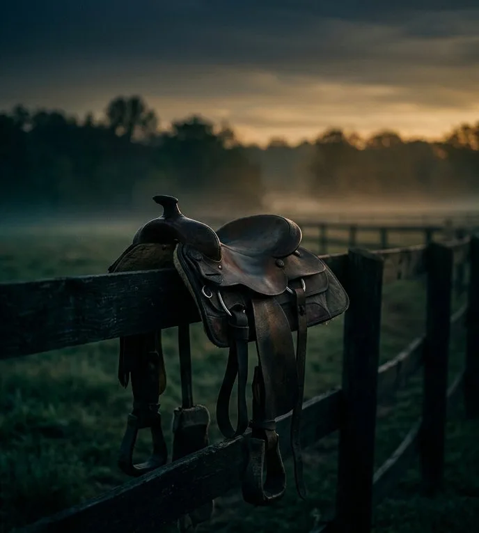 A worn leather saddle resting on a wooden fence in a misty field at dawn.